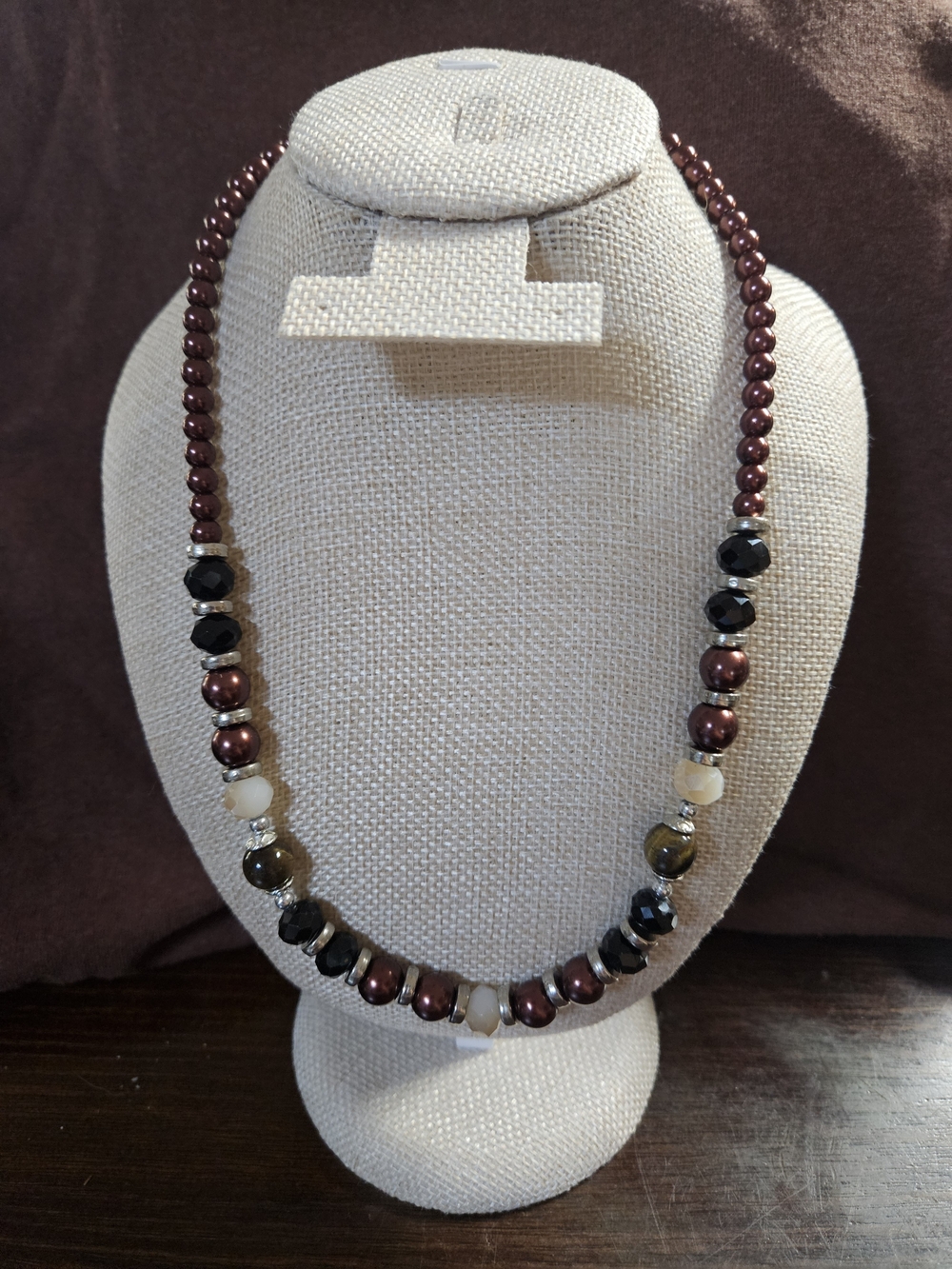 Source Unknown Burgundy and Black Beaded Necklace with Neutral Accents
